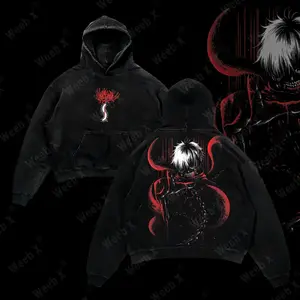  "Kaneki Ken Red Spider Lily Centipede" Tokyo Ghoul Retro Vintage Unisex Oversize Anime Manga Acid Washed Hoodie Lightweight Cotton , Anime Merch, Gift For Anime Fan, Weeaboo.