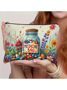 Colorful Medicine Bag/Reusable Cosmetic Pouch for Travel, Vacation, Gifts/Holds Medicines, Snacks, Coins, More/White with Floral Design, Playful Illustrations/Travel Pouch | Playful Illustration | Zippered Pouch | Cosmetics Bag