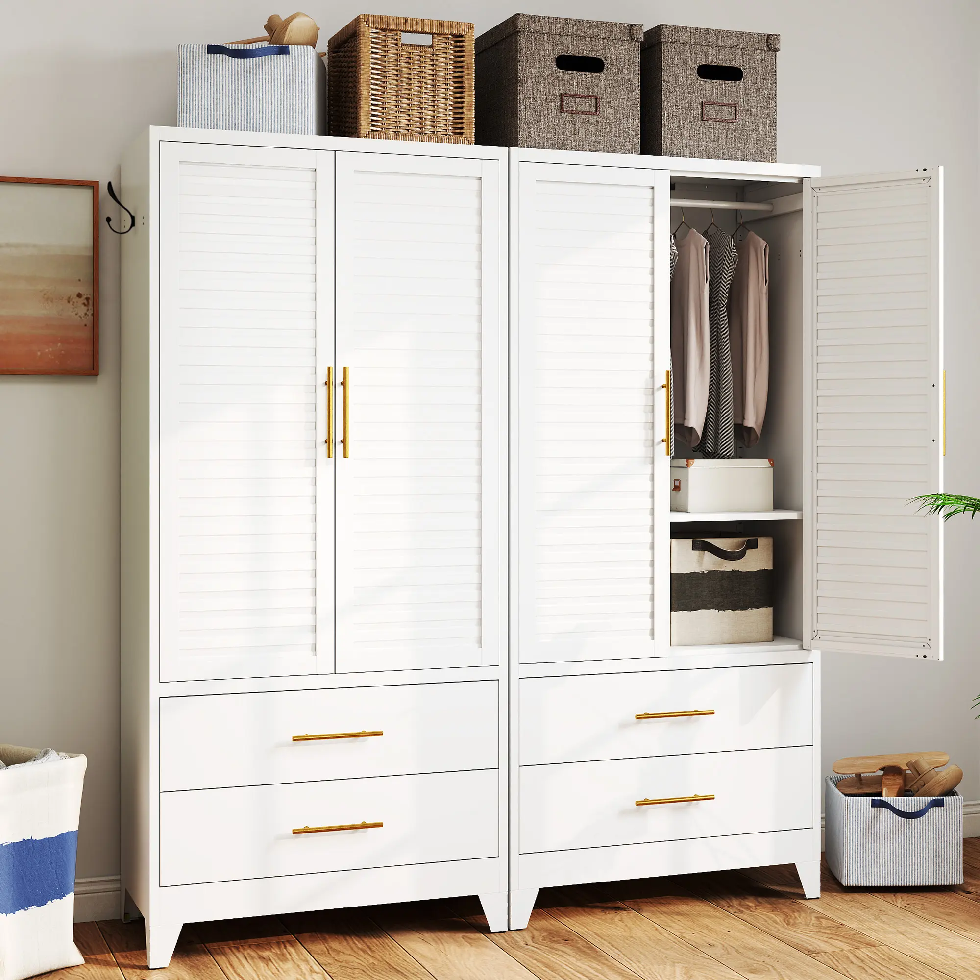 31.5" Freestanding Steel Frame Armoire - White Louvered Doors Rectangular Wardrobe with Flat Base, 2 Drawers, Adjustable Shelves, Hanging Rod, Single Unit Indoor Furniture Clothing Cabinet