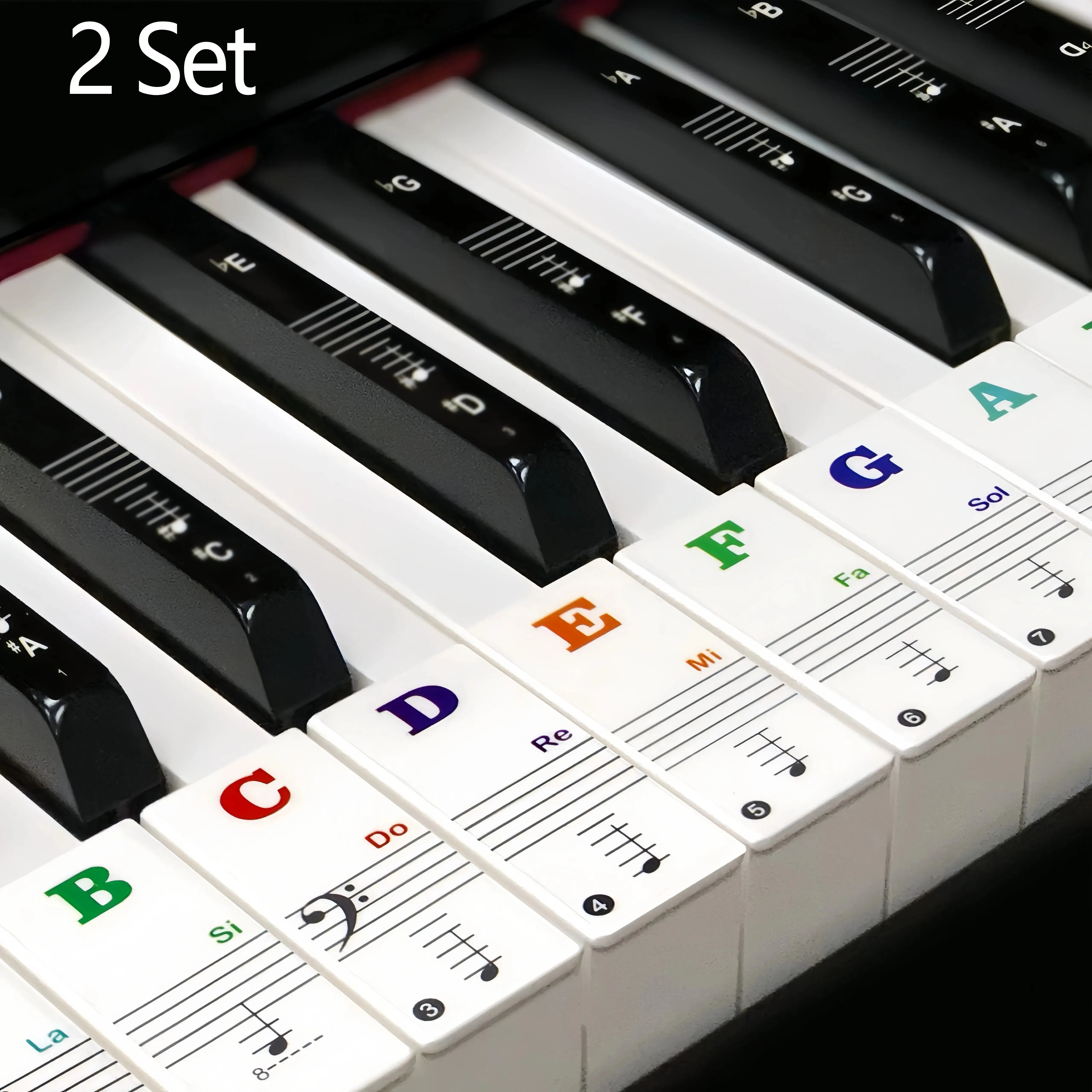 2 sets of piano keyboard stickers, 88/61/54/49 keys with removable colored note labels, beginner letter piano stickers
