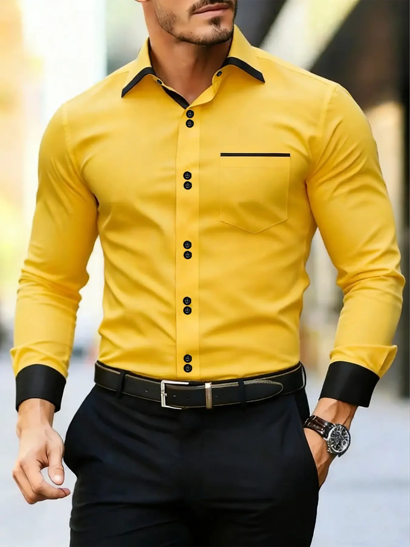 BROADTOUR Men's Slim Fit Solid Bright Yellow Black Trim Collar & Cuffs  Button-Down Shirt, Chest