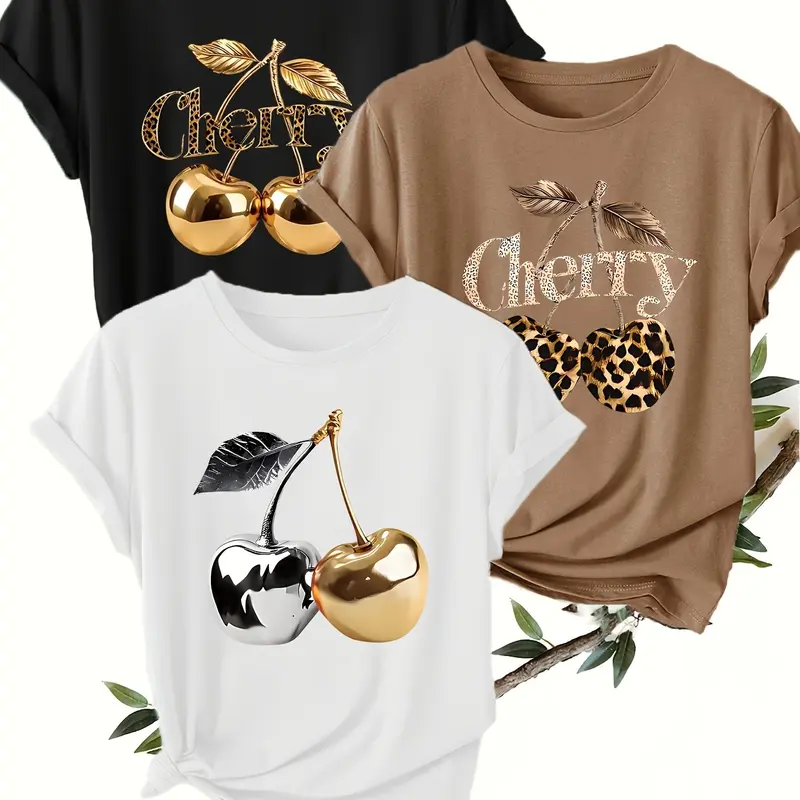 3-Pack Women's Casual Short Sleeve Round Neck T-Shirts, Graphic Tees Women, Cherry Print Design, Comfortable and Breathable Fabric, Spring Summer Fall Fashion