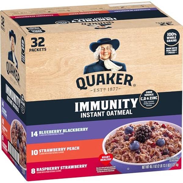 Quaker Immunity Instant Oatmeal, 3 Flavor Variety Pack, Good Source of Vitamins C, D, & Zinc, Whole Grains, No Artificial Flavors, No Colors from Artificial Sources, 1.41 oz Packets, (32 Pack)