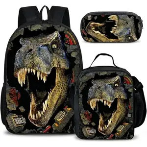 Dinosaur Backpack with Lunch Box, for Boys Aged 5–7 – Jurassic T. rex Fan Favorite: 3-in-1 School Backpack Set, Waterproof Nylon Fabric, 17