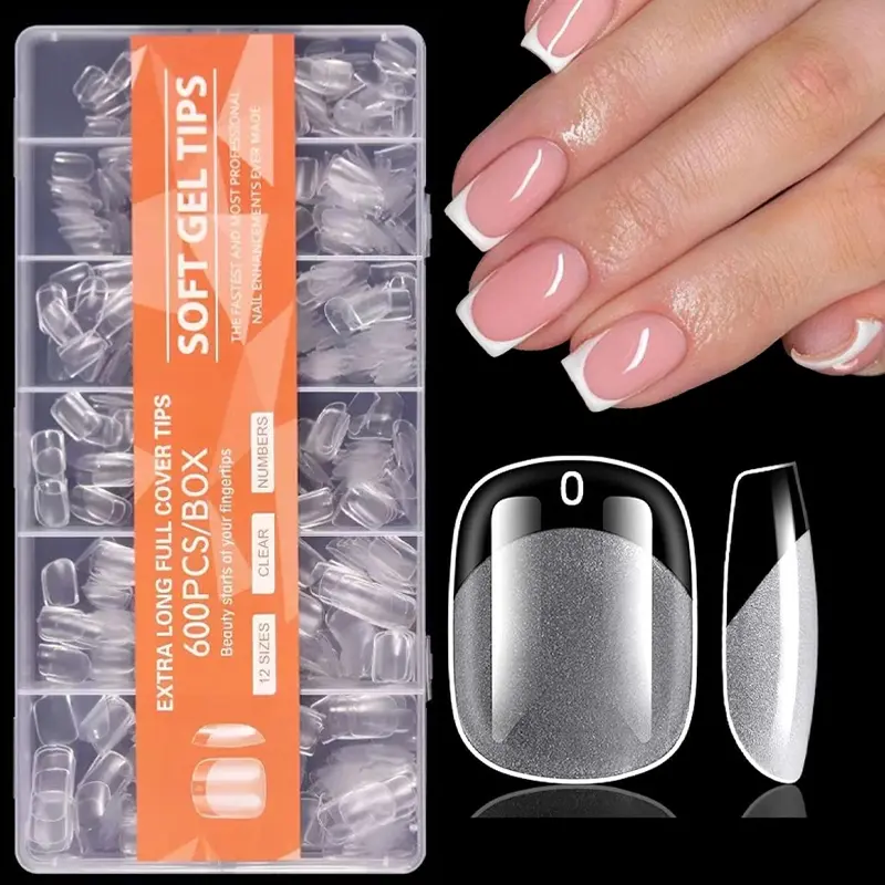 600Pcs Glossy Extra Short Squoval Nail Tips Clear Fake Nails, Nail Decoration, Gel Nail Tips for Gel Nail Extension, Diy Nails Art, Nail Gift Choice for Women and Nail Art Lovers