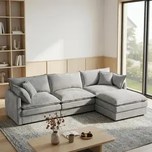 102" Cloud Couch Sectional, Modular Sectional Sofa with Chaise & 4 Removable Washable Pillows, Oversized L-Shaped Couch for Living Room, Modern 3-Seat Cloud Sofa Sectional with Deep Seat, Gray