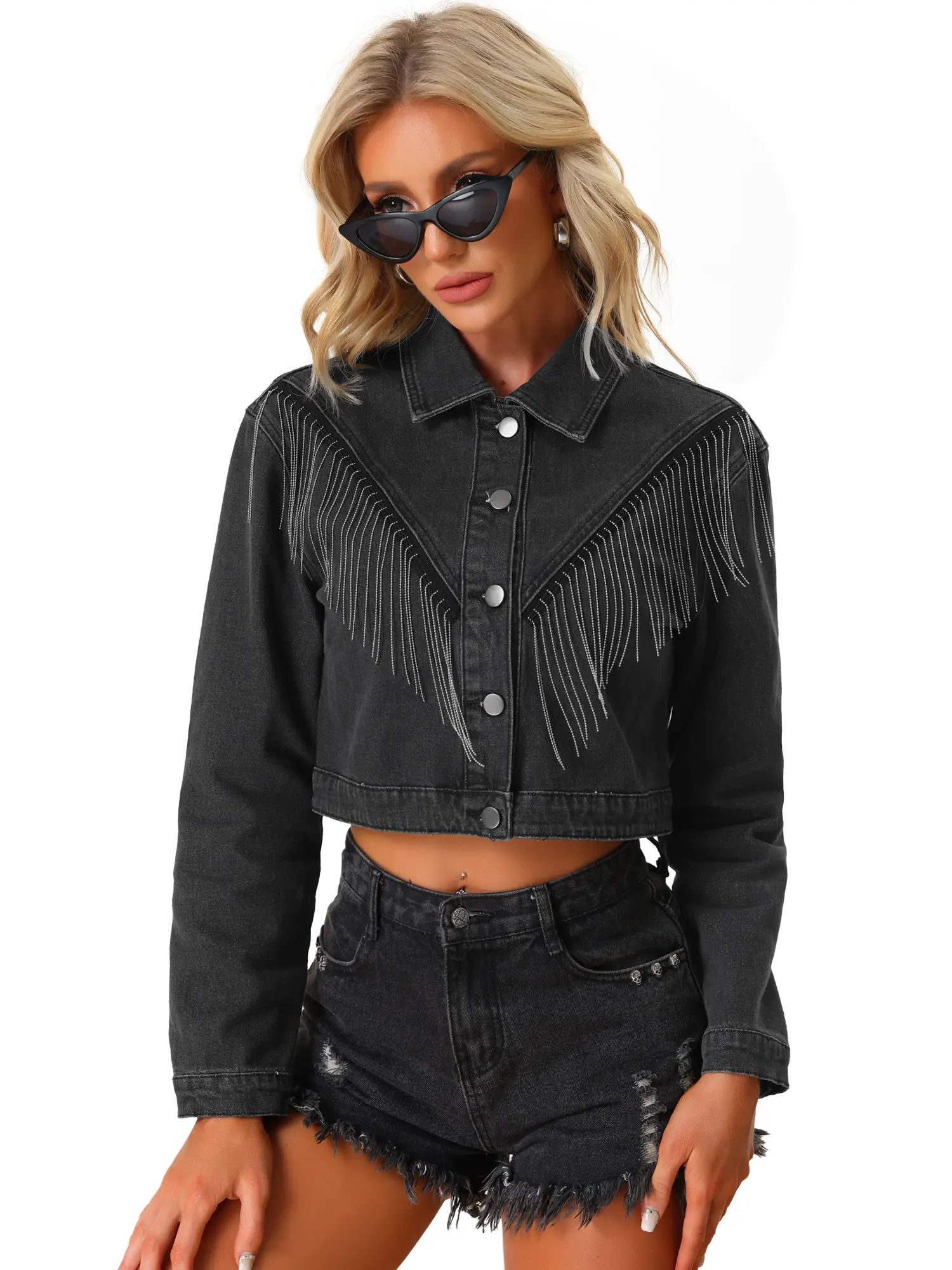 INSPIRE CHIC Denim Fringe Jacket Women's Party Sparkle Button Down Tassel Crop Jean Jackets
