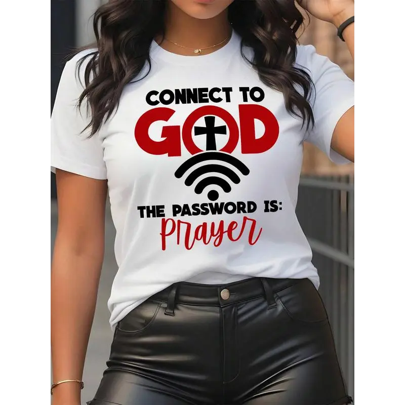 "CONNECT TO GOD THE PASSWORD IS: phayer"✨ Women's Round Neck T-Shirt| Letter & Cross Graphic Tee, Casual Short Sleeve Summer Top Inspirational Christian Shirt for Daily Wear, Perfect Gift for Women