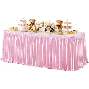 6ft Pink Satin Table Skirt for Rectangle Tables Wrinkle Free Glitter Pleated Ruffle Table Cloth for Girls Birthday Baby Shower Theme Party Wedding Cake Table Decorations