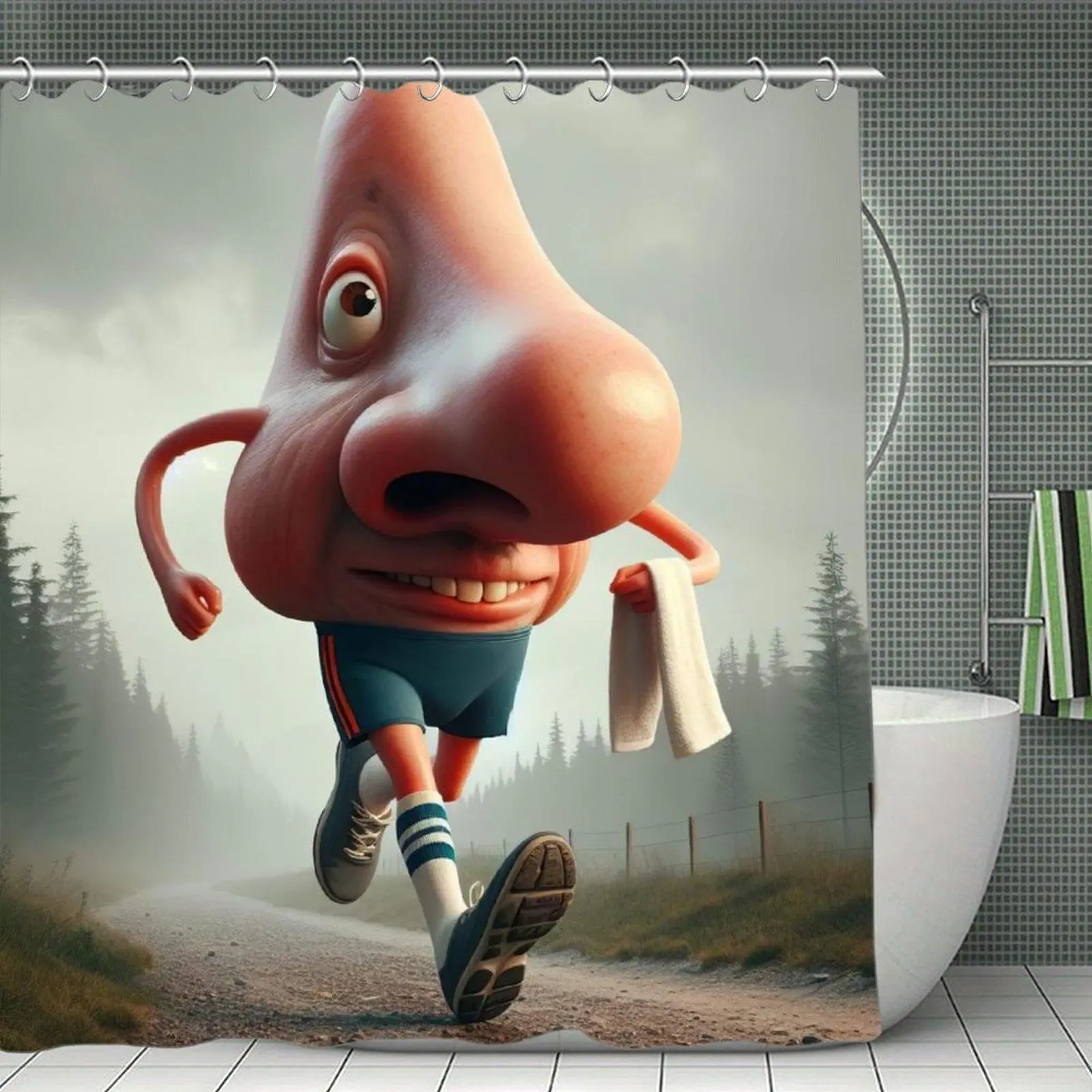 Funny Cartoon Shower Curtain with Weird Giant Nose Character Jogging On Country Road, Plastic-Stainless Steel Accents, Ideal for Bathtub Room Bathroom Supplies