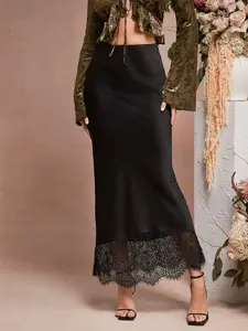 VYBE Women's High-Waisted Satin Lace Patchwork Midi Skirt, Elegant Summer Fashion, Fitted Natural Waist, Perfect for Daily Travel, Lace Trim Skirt