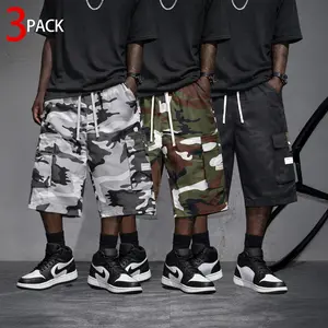 7Inch Camo Cargo Pants Mens 3-Pack, Baggy Wide Leg Cargo Shorts with Double Utility Pockets, Matte Fabric, Adjustable Drawstring Waist, Camo Print, Suitable for Urban Streetwear, Summer Outfit and Memorial Day Casual Wear in US