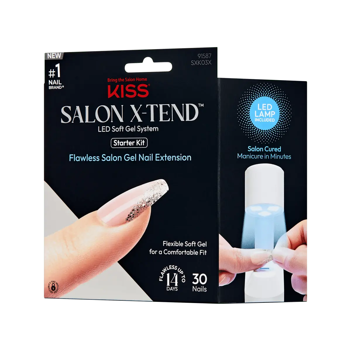 Kiss Salon X-tend LED Soft Gel Press On Nail Starter Kit System - Idol | French, Metallic Gold, Medium, Coffin