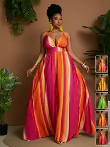 Plus Size Women's Adjustable Strappy Long Dress, Colorblock Design, Slim-Fitting, Sleeveless, Perfect for Beach, Park, Home Comfort