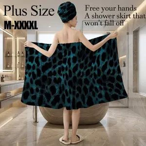 2 Pcs Teal Black Leopard Print Bath Wrap Towel Set, Plus Size M-XXXXL, Non-Slip Absorbent Shower Skirt, Versatile for Spa, Beach & Daily Use, Perfect for Holiday Gifting