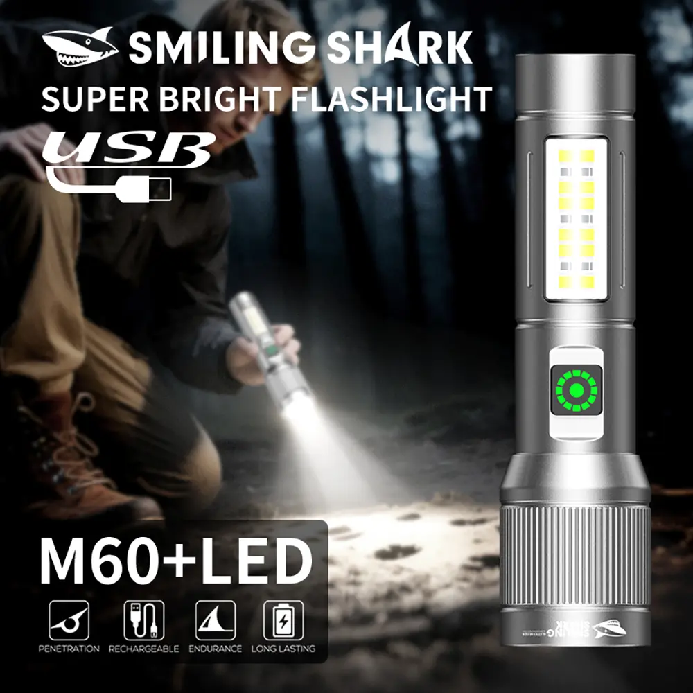smilingshark M60 Powerful LED Flashlight for Adults, 6000LM Luminous LED Lights, COB Red Light, 6 Modes, Zoomable, Type-C Rechargeable 1200mAh Lithium Battery, 2-3h Usage Time (Sports & Outdoor Camping Hiking Gear)