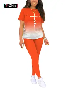 Two-Piece Set Women's Gradient Cross Print Round Neck Fitted Tee & Plain Skinny Elastic Pants Set, Casual Short Sleeve T-shirt & Leggings, Ladies Summer Clothes