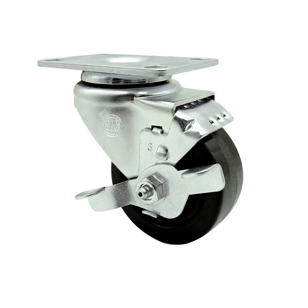 212 MAIN SCC-20S314-PHR-TLB Phenolic Swivel Caster - 3 in. Black Phenolic Wheels, Roller Bearing, Zinc Plated Top Plate, Top Locking Brake, Bolt Hole Mounting Option, Chemical/Oil Resistant, for Carts, Light and Medium Duty Material Handling Projects