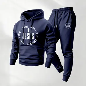 Men's 2-Piece John 14:6 Print Tracksuit - Hoodie & Drawstring Sweatpants Set, Casual Fitness Breathable Athleisure, Long Sleeve Hooded Jacket & Trousers for Fall Winter Daily Wear, Workout Gym Clothing, Mensfashion