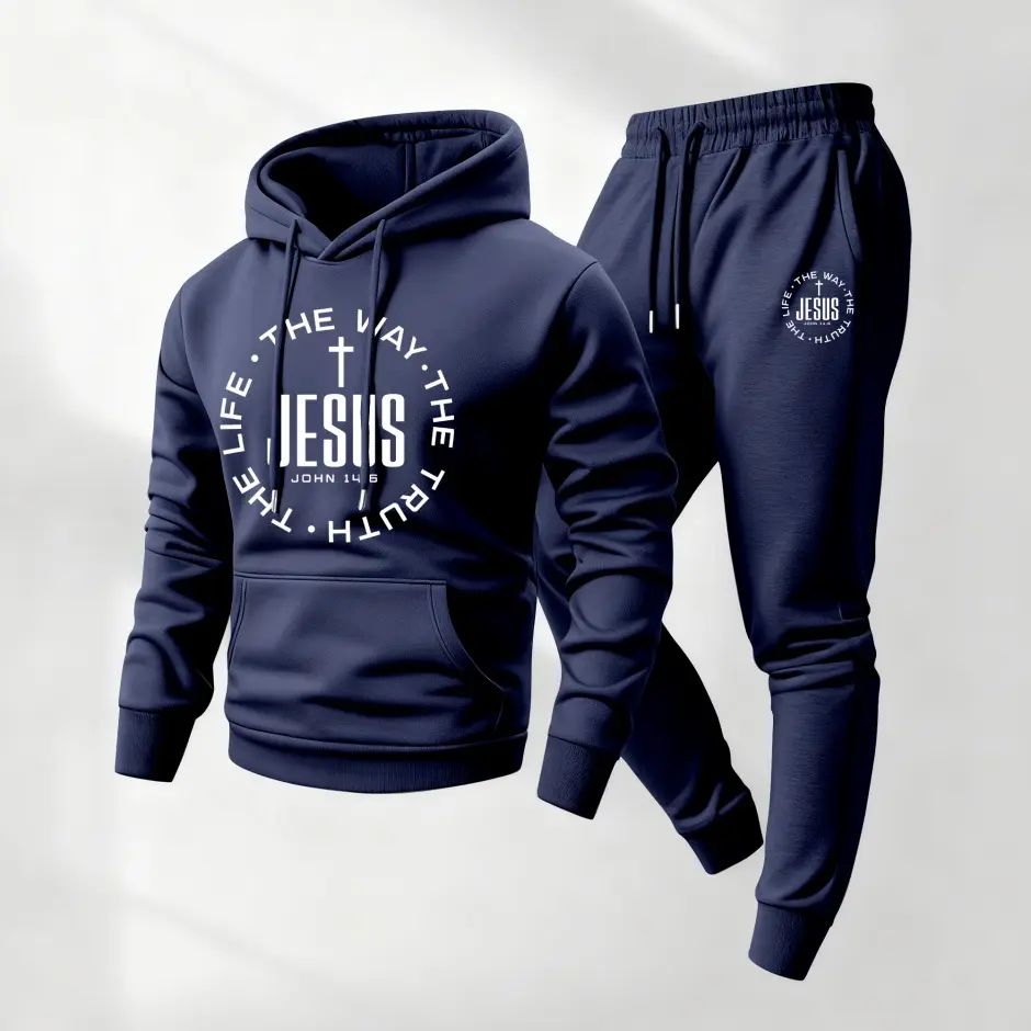 Men's 2-Piece John 14:6 Print Hooded Tracksuit - Long Sleeve Hooded Jacket & Full Length Drawstring Sweatpants Set, Mensfashion Sporty Chic Casual Fitness Breathable Athleisure Gym Clothing for Fall Winter Daily Wear