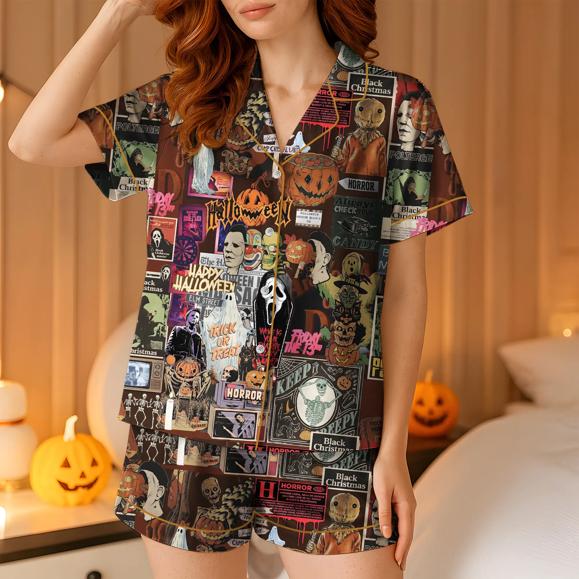 Women’s Retro Horror Movie Halloween Enjoyer Thri/ller Retro Ghost Pumpkin Short Sleeve Satin Pajama Set, Pajama Nighwear Set for Her