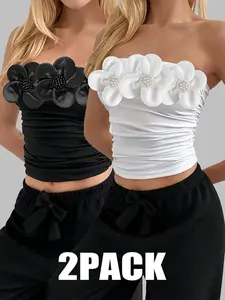 Women's Floral Bustier Top Set, Sleeveless Backless Elastic Crop Tops, Casual Fashion for Spring Summer Fall, Womenswear