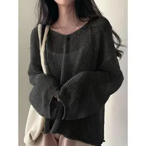 Women's Solid Hollow Out Drop Shoulder Sweater, Boho Casual Long Sleeve Round Neck Jumper for Spring & Fall, Fashion Ladies' Knitwear for Daily WearGift