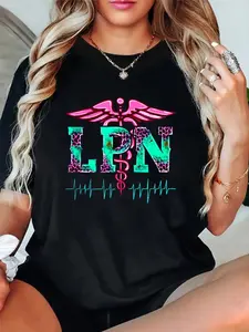 Lpn Letter Print Round Neck Short Sleeve women's shirts T-Shirt For Women Casual, Summer , Women Top Graphic Tees Women Tops vintage graphic tees