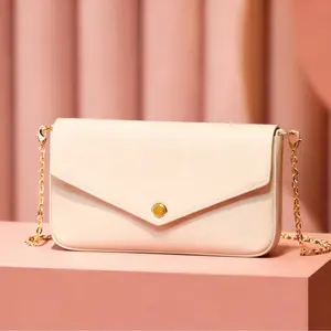 Clean Girl Minimalist Envelope Crossbody Purse, Smooth Faux Leather Gold Chain Clutch Bag, Elegant Slim Shoulder Bag for Date Night & Coastal Outfits