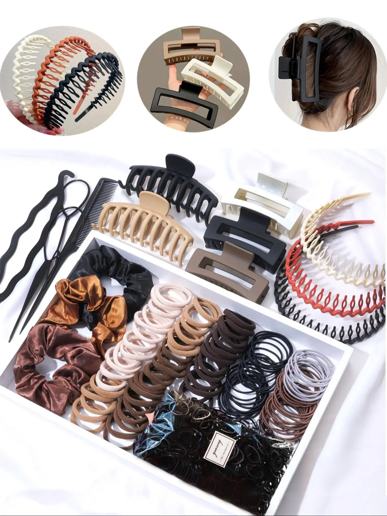 Mixed Hair Accessories Set without Box, Including Elastics Hair Ties & Claws & Hair Tools & Headband, Minimalist Headwear for Women & Girls