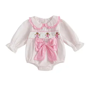 Newborn Baby Girl Christmas Smocked Romper Bow Front Peter Pan Collar Gingerbread Embroidery Sweatshirt Jumpsuit Bodysuit