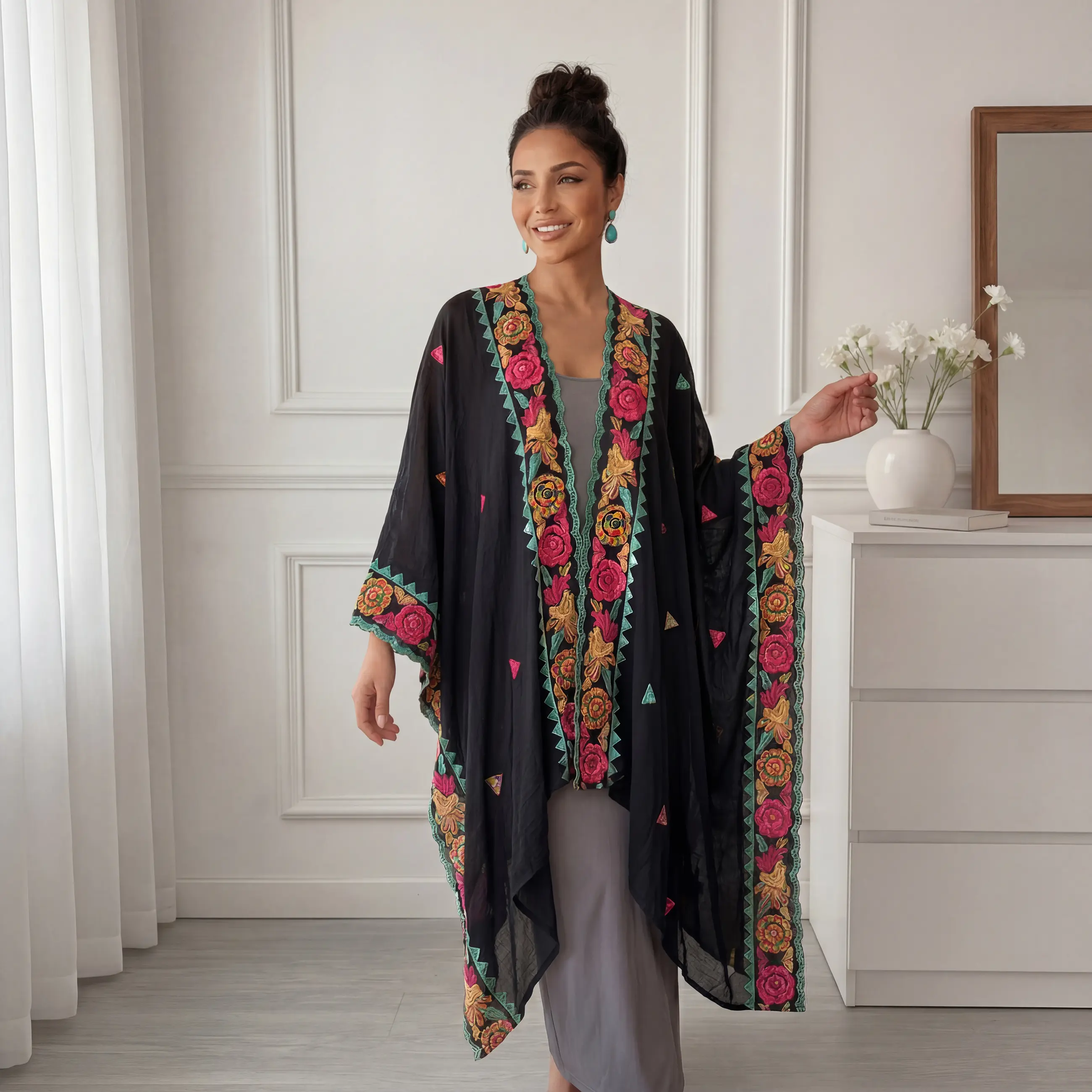 Women's Polyester Boho Colorful Rose Print Border Embroidered Kimono Cardigan, Lightweight Flowy Open Front Beach Wear Clothes for Summer Casual Vacation Outfit