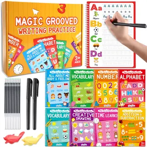 8 Pieces Magic Grooved Writing Practice copybooks Disappearing Ink Pens Reusable Groove Workbooks Tracing Handwriting Practice Without Tears for Kids Kindergarten Preschool Supplies,10.2 x 7.3inch
