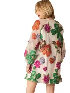 Women's Casual Bubble Sleeve Floral Organza Dress - Womenswear Long Sleeve Elegant Lightweight