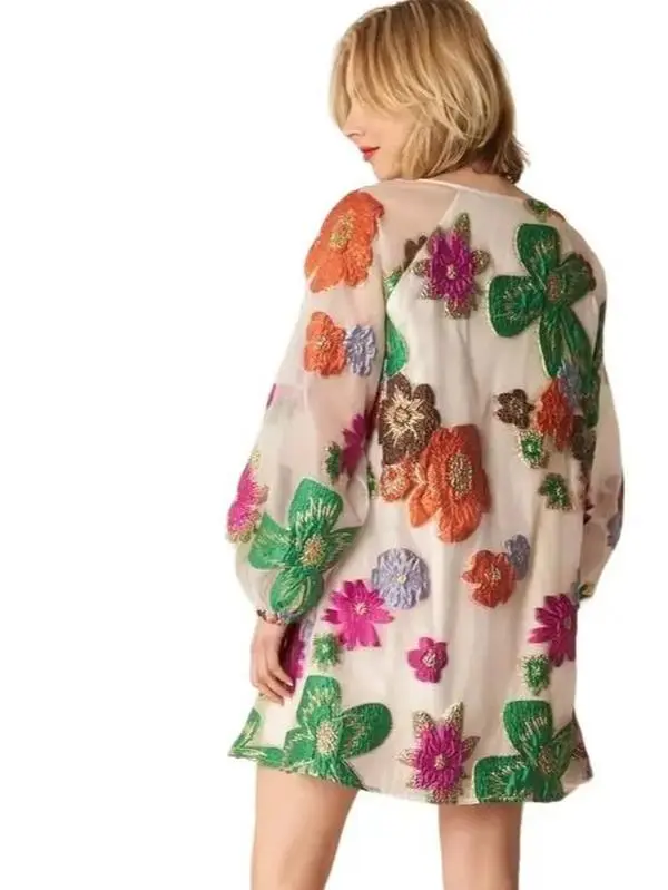 Women's Casual Bubble Sleeve Floral Organza Dress - Womenswear Long Sleeve Elegant Lightweight