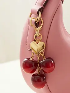 Large Resin Cherry Keychain with Gold Heart and Lobster Clasp, Cute Sweet Cherry Pendant, Fashion Bag Accessory for Women