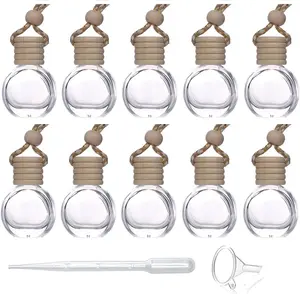 Household daily necessities 10 Pcs 8ml Hanging Essential Oil Diffuser,Empty Clear Glass Oblate Car Air Freshener Perfume Aromatherapy Pendant Bottle Vials With Wooden Caps & Hanging String-FREE 1 Funnel&Dropper