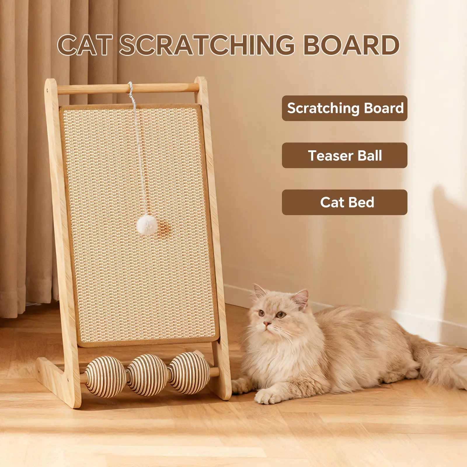 3-in-1 Cat Scratcher Your Cat Will Love! Sisal scratching board + teaser balls + cozy lounge space. Perfect for scratching, playing, and relaxing while protecting your furniture!