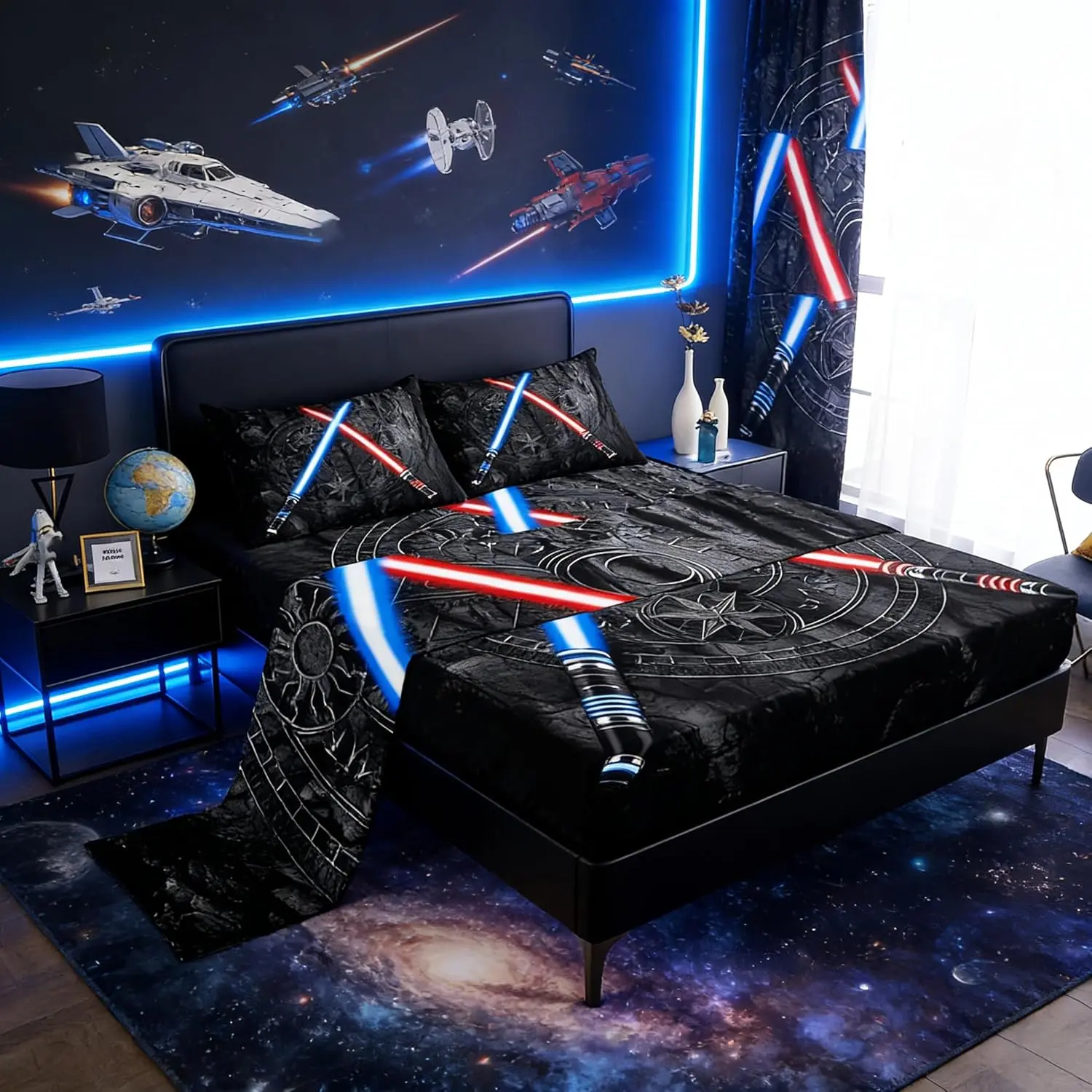 Lightsaber Bed Sheets 3D Neon Blue Red Bedding Set Geometric Sun Moon Round Sheet Set for Kids Boys Girls Teens Room Decor Fashion Vintage Stone Wall Fitted + Flat Sheet,Black