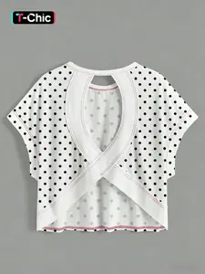 1 Women's Polka Dot Cropped T-Shirt | Back Cut Out Batwing Sleeve Top | Summer Beach Casual Streetwear | Y2K Coquette Daily Casual Outfit