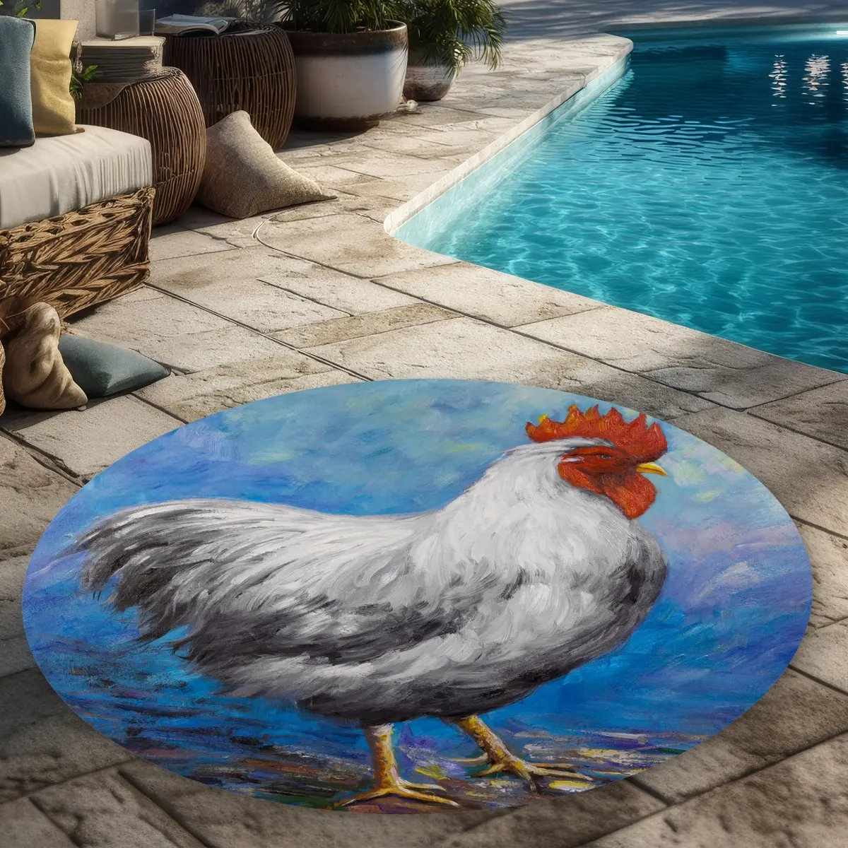 360 stand 5x5 ft Gray Rooster Print Polyester Rug with Blue Accents, Weatherproof Printed Chenille Face Animal Motif Carpet for Gardens, Patio Decor & Contemporary Home Decor, Decorative Area Rugs, Contemporary Design, Grey Rooster