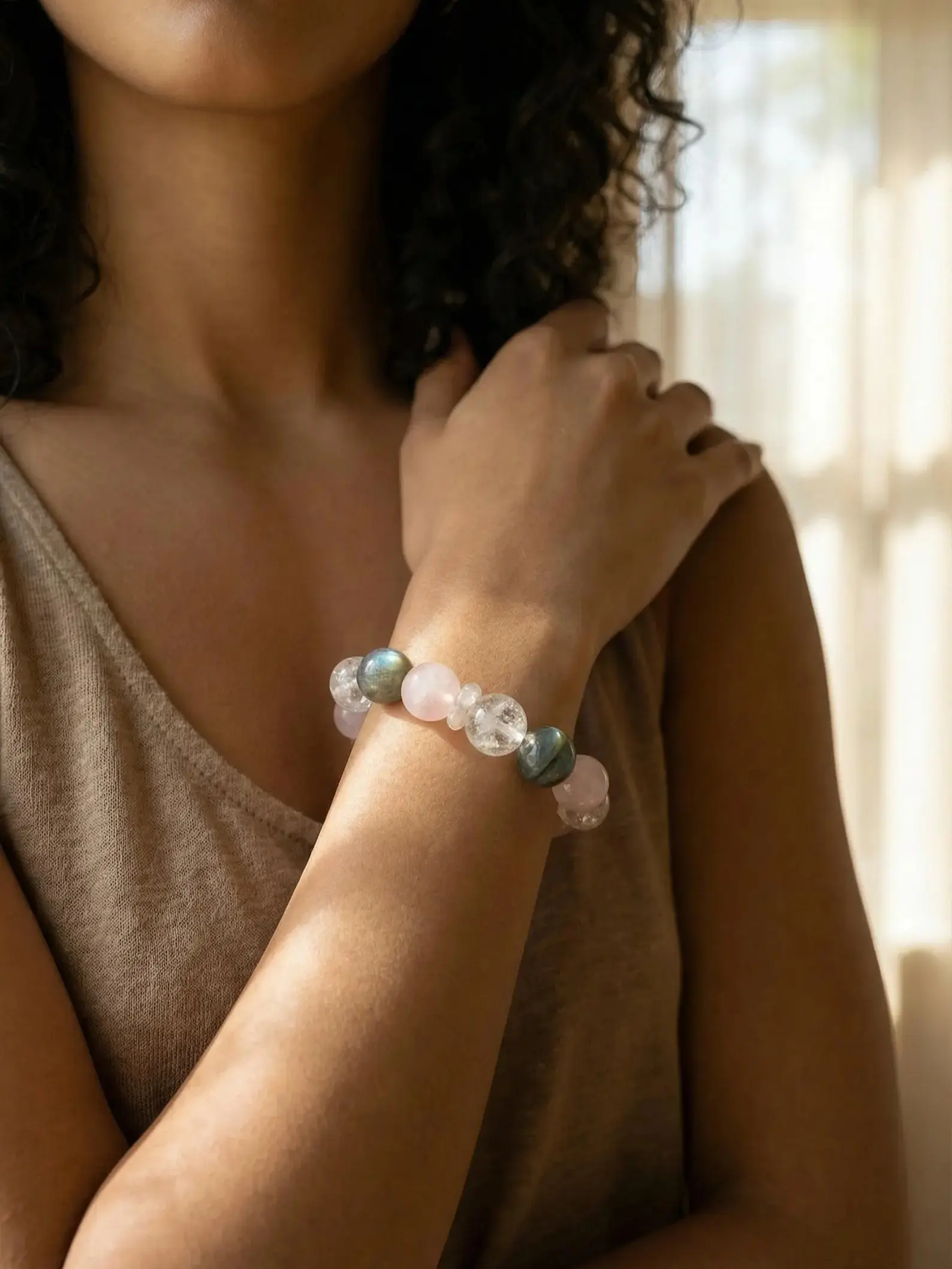 Natural Grey Moonstone Rose Quartz Bracelet 15mm White Agate, Clear Quartz, Pastel Crystal Healing Bracelet – Intuition & Heart Chakra Gift