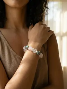 Natural Grey Moonstone Rose Quartz Bracelet 15mm White Agate, Clear Quartz, Pastel Crystal Healing Bracelet – Intuition & Heart Chakra Gift
