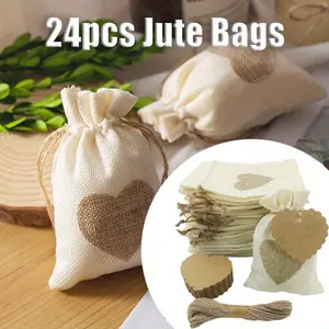 24pcs Linen Heart Drawstring Bag, Dust-proof Jewelry Packaging, Cotton Linen Storage Gift Bag for Wedding Gifts, Party, Jewellery Bag