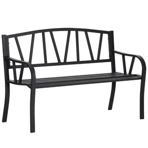 Outsunny 50" Outdoor Bench, Metal Garden Bench with V-Shaped Pattern Backrest, Porch Bench with Slatted Seat for Park, Yard, Lawn, Black
