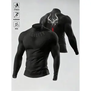 Men's compression half high neck long sleeved tight fitting shirt, agile text and horn printed sports top, moisture absorbing sportswear, compression top