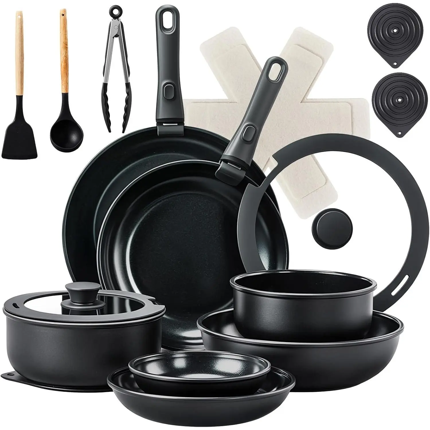 GEEKHOM 17/19/20/22/23 Pcs Nonstick Pots and Pans Set, Cast Aluminum Kitchen Cookware Set with Detachable Handles, RV Kitchen Cooking Set and Utensils, Dishwasher Safe, PFAS PFOA & PFOS Free, Black