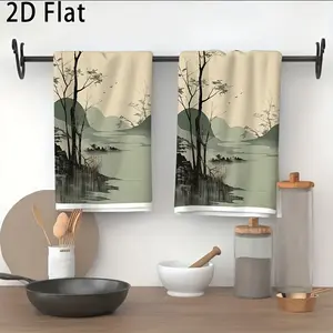 2pcs 23.6x15.7 In Inspired Minimalist Landscape Towels - Soft Quick-Dry Hand Towels With Beige/Brown/Gray Muted Green Mountain & Tree Paintings For Kitchen Bathroom Gym - Decorative Art Towel