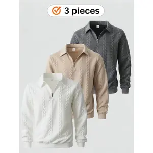 This 3-piece men's half-zipper lapel knitted jacquard sweatshirt is made of soft fabric and features a textured jacquard design. It is a regular long-sleeved knitted sweatshirt that can be layered. Suitable for casual daily wear in autumn and winter