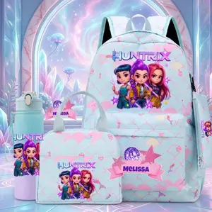 K-Pop Demon Hunters 4-Piece Backpack Set with Lunch Bag, Water Bottle & Pencil Case, Anime Home Organizer for Kids Students Travel Gift